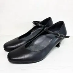 【美品】アシックスウォーキング 24cm 幅広 ストラップパンプス 黒 本革