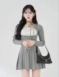 darich ネックリボンデザインフレアニットミニワンピース