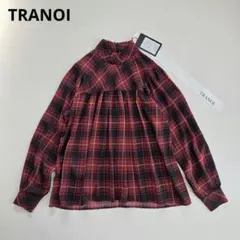TRANOI スタンドカラー チェック ブラウス ギャザー タック パフスリーブのサムネイル