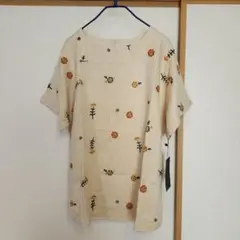 【新品未使用】リネン 花柄 刺繍 シャツ (フレンチスリーブ) ブラウス　L