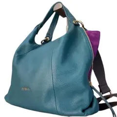 【美品】FURLA ショルダーバッグ 2way エリザベス シボ革 緑 A4
