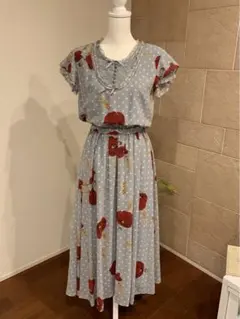 INGEBORG インゲボルグ ロングワンピース ドット地花柄 ベルト付き