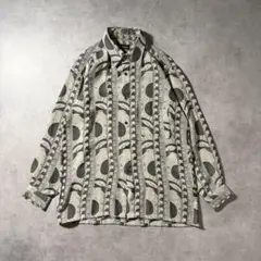 ヴィンテージ 総柄ポリシャツ レトロ 幾何学模様 モード アート柄 灰 L 古着