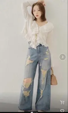 【Chico】ダメージデニムワイドパンツ ブルー