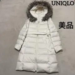 美品　ユニクロ　ファーフード付ダウンコート　白　Sのサムネイル