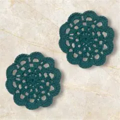 ドイリー　ダークグリーン コースター　レース編み 2枚セット　フラワー