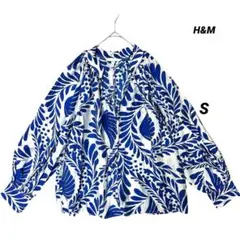 ボタニカル柄 ブラウス ボリューム袖 スキッパー ブルー 新品 H&M S