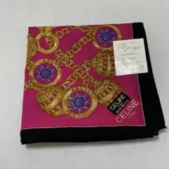 CELINE 大判ハンカチ　スカーフ　チェーン柄　ピンク