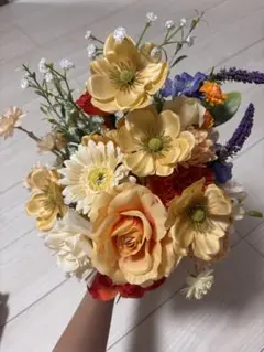 結婚式　ウェディングブーケ　ブートニアセット　オレンジ系　造花