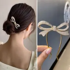 パール風ゴールドリボンヘアピン