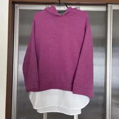 【未使用】重ね着風 レイヤード パープルピンク ワッフル パーカー
