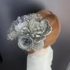 ha203 髪飾り 結婚式　卒業　成人式 着物　振袖　キラキラバラ　シルバー　銀