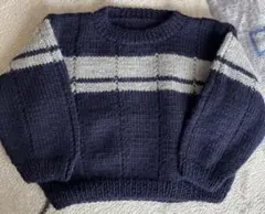美品　ネイビーとグレーの編み込みニットセーター　ハンドメイド
