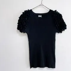 リブニット フリルスリーブ フリル袖 半袖 黒 ブラック きれいめ かわいい