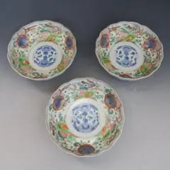 【ご確認用】 三客 古伊万里 色絵金襴手 手描き 輪花なます皿