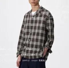 テクスチャーオープンカラーチェックシャツ　S　DARK BROWN　GU