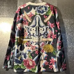 値下げ「希少」ニットスカジャン　百花繚乱　刺繍ロゴ　裏地有り　90s 古着 希少」ニットスカジャン 百花繚乱 刺繍ロゴ 裏地有り 90s 古着