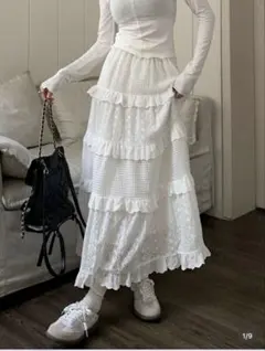 フリル付きホワイトロングスカート SHEIN ロングスカート 白