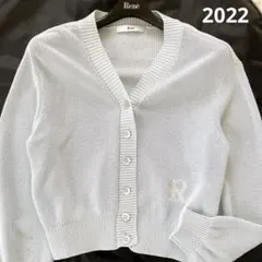良品✨Rene 2022 ロゴ刺繍 Vネックニットカーディガン 34 ブルー系