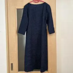 ネイビー　刺繍入り　七分袖　ワンピース　結婚式　フォーマル