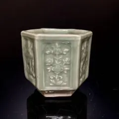 時代 三田焼 青磁 六角窓絵陽刻花龍図 火入 香炉 茶道具