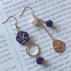 水引　梅結びのアシンメトリーピアス【藍雫】