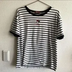 ミッキーマウス刺繍 半袖Tシャツ 白黒ストライプ