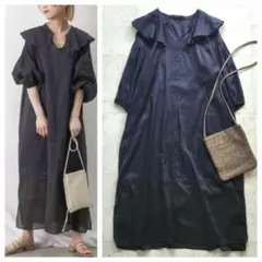 美品 レディラックルカ 麻混 リネン混 ワンピース 七分袖 シアー 濃紺 切替