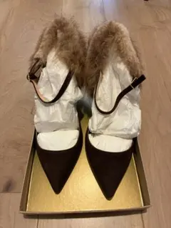 BALDAN ファー付き スエードパンプスブラウン ポインテッドトゥ 箱付き美品