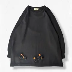長袖ニット花モチーフ立体装飾ウール100%体型カバーナチュラル昭和レトロ
