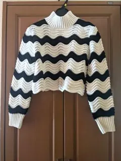 ZARA　コットンニット　ボーダー　スカラップ　スタンドネック