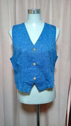 青い 木目調ボタン付き Vネックノースリーブベスト