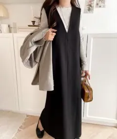 クラシカルエルフ Vネックロングワンピース 黒 XL