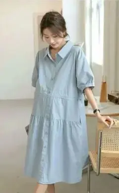 ま*マ様 マタニティシャツワンピース ブルー ONE SIZE