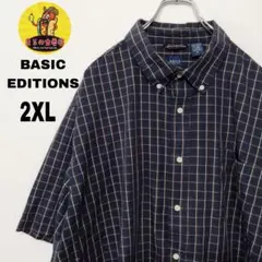 USA古着 BASIC EDITIONS　半袖ボタンシャツ2XL　ネイビー黄土色