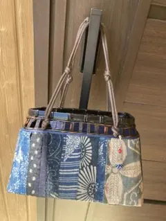 藍型染古布リメイク竹籠バッグ
