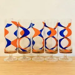 昭和レトロ 脚付きグラス 5客セット アデリア風 オレンジ×ブルー ヴィンテージ