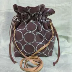ハンドメイド 刺繍生地 巾着ショルダーバッグ ブラウン タンバリン