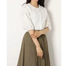 JUNOA 刺繍ノーカラーレースブラウス 韓国　L ホワイト