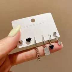 ピアス シルバー ブラック ハート チェーン ドロップピアス #C636-2