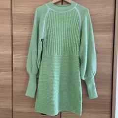JEANASiS ライトグリーン　リブニットワンピース　バルーンスリーブ