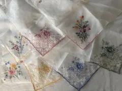 残3 フランス 手織リネン 青花と刺繍リネンクロス トーション 