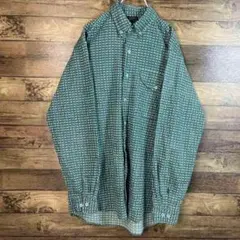 【人気即売】古着　総柄シャツ　長袖　BDシャツ　レトロ柄　チェック　M グリーン