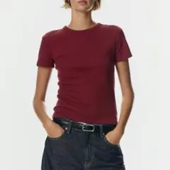 H&M リブTシャツ ダークレッド XLサイズのサムネイル