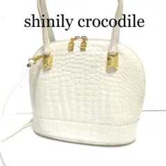 美品　シャイニング　加工　クロコダイル　レザー　 ハンドバッグ　白 2way