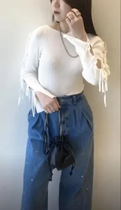 SNIDEL スナイデル　ホールデザインニットプルオーバー　リボン　ホワイト