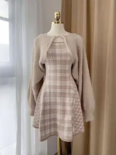 セットアップ　ワンピース　チェック　ピンク　春　長袖ワンピース　2点セット　M