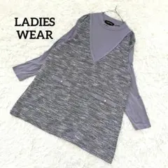 異素材重ね着風モックネックニットチュニック ミドル丈 ツイード風 キレイめ 灰