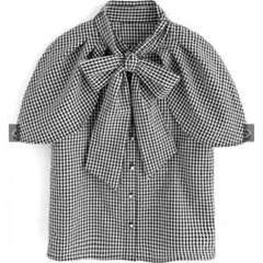 GRL ボウタイ付きギンガムチェック柄ケープ風ブラウス[ta043]