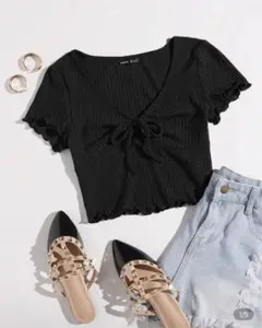 黒 リボン付き Vネック ワッフルTシャツ